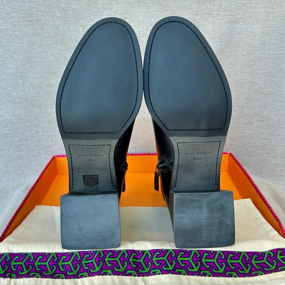 NWT Tory Burch Black Leather Zip Ankle Boots – Gold Hardware, Block Heel - Picture 6 of 10